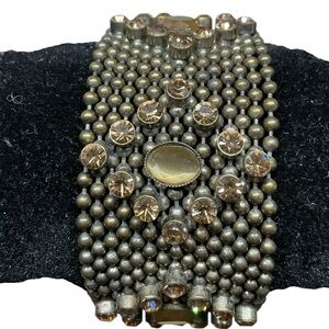 Vintage Mesh Chainmail Gunmetal Beaded Wide Snap Closure Bracelet